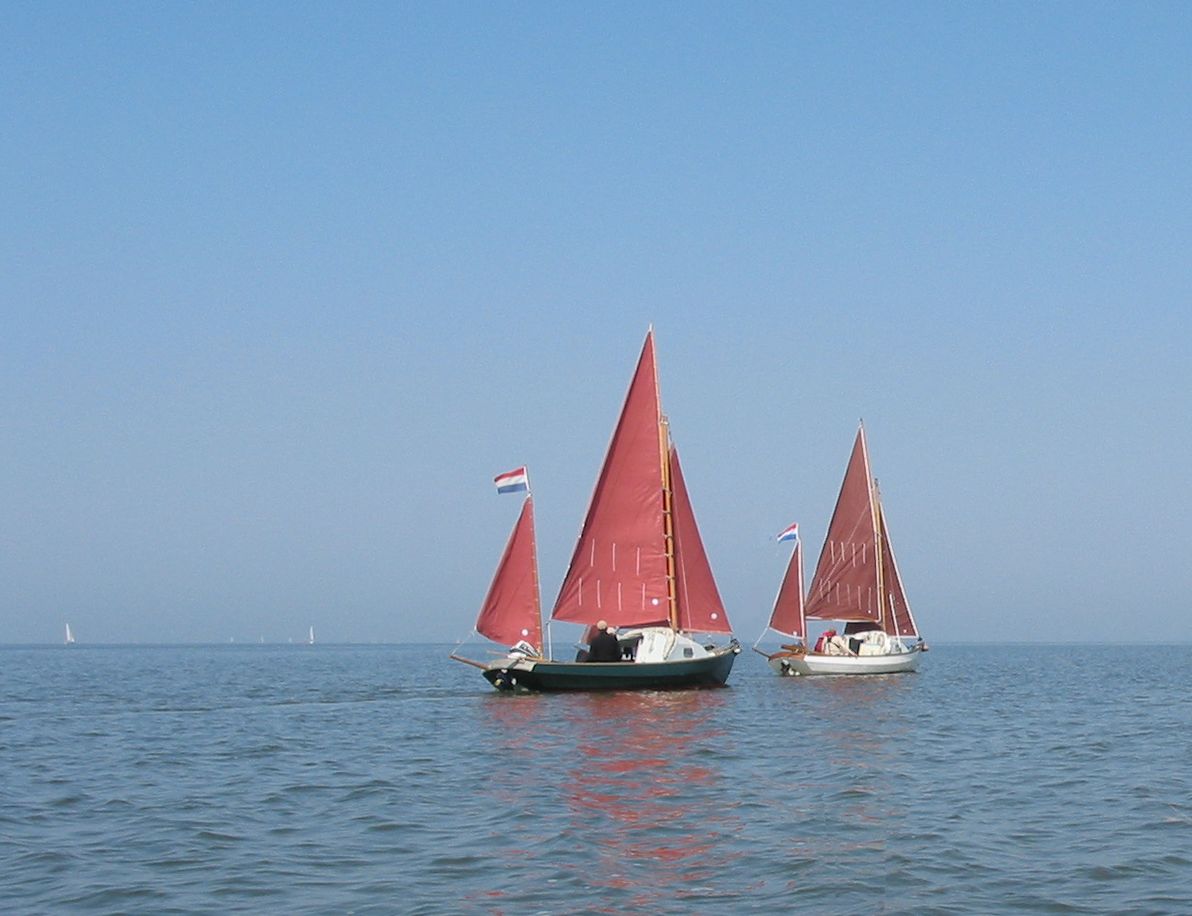 Twee Coasters met roodbruine zeilen en Nederlandse vlag op kalm water onder een strakblauwe lucht.